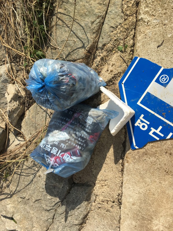 북천변에서 1명이 2시간 동안 주운 쓰레기 20리터 2봉지